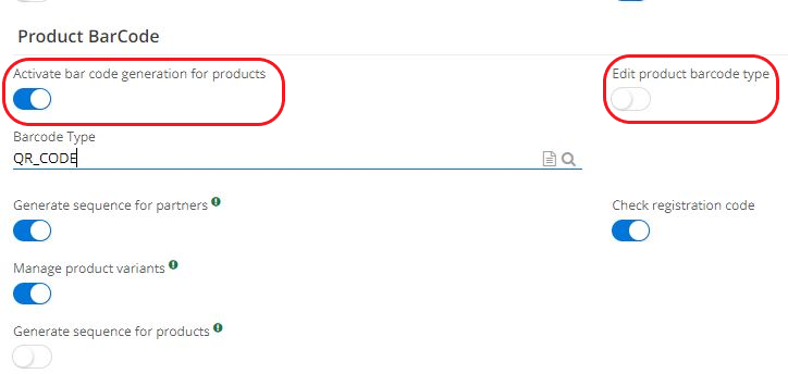 2.1 Configure barcodes on the App Base page. Enable the Activate product barcode generation feature and then select the default barcode type. If there is a need, tick the Edit product barcode type box, which will allow to change the barcode later directly on the product file.